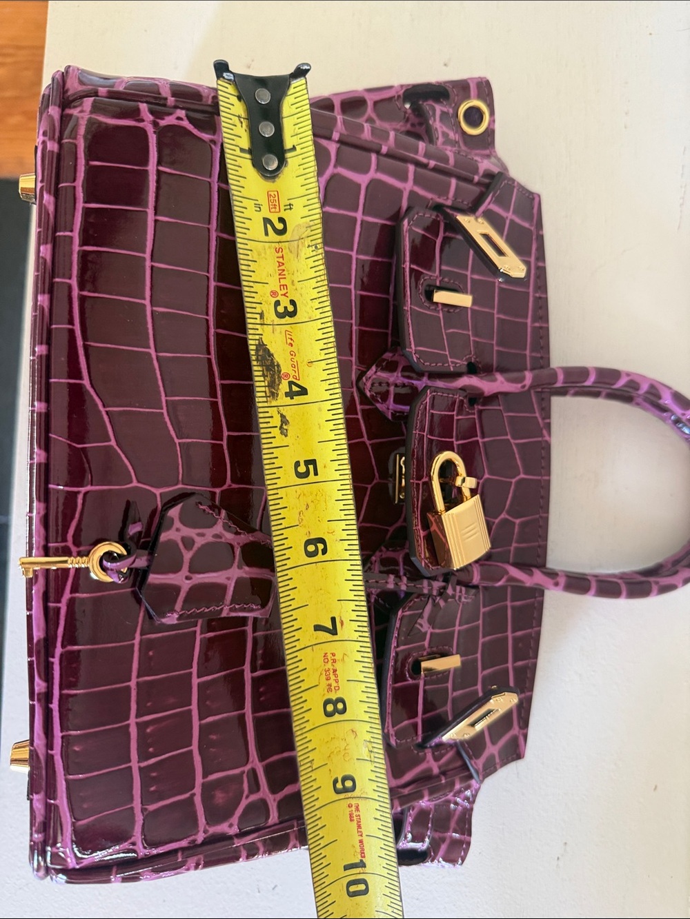 Purple Croc-Embossed Satchel Handbag with Lock Gold Hardware Purse - Picture 12 of 13